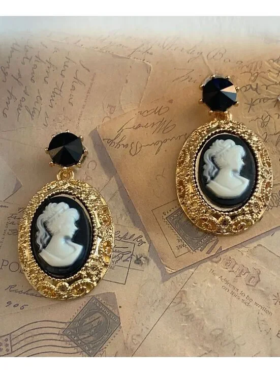 Elegant Cameo Dangle Earrings with Black and Gold Charm