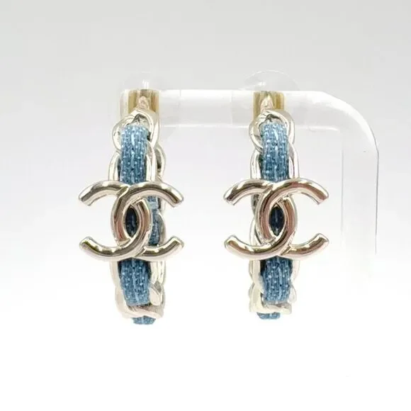 Chanel CC Logo Hoop Earrings Silver Blue