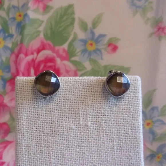 Brown Faceted Cabochon Silver Tone Clip Earrings Vintage 1980s