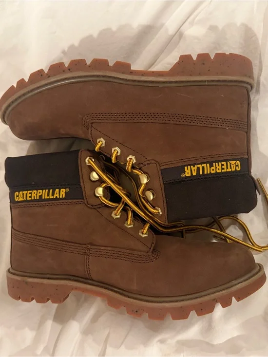 Caterpillar Brown Work Boots with Black Collar and Yellow Accents