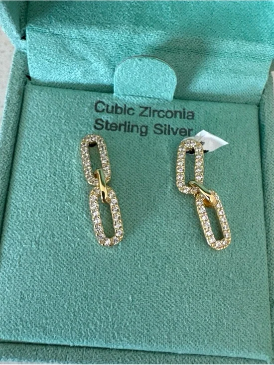 Gold Cubic Zirconia Double-Link Drop Earrings