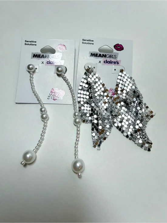 Silver Mesh Drop Earrings and Pearl like Dangle Set - Silver/White