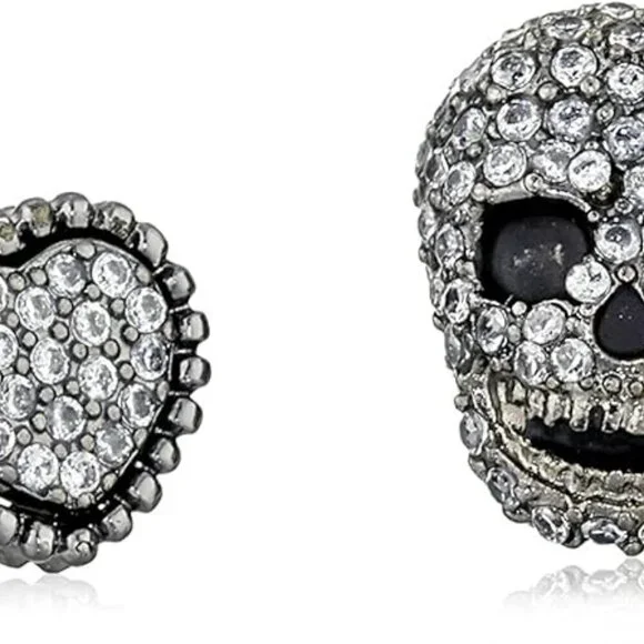 Jewelry Metal Stud Earrings Heart Skull Duo Set Pave Stone Women's