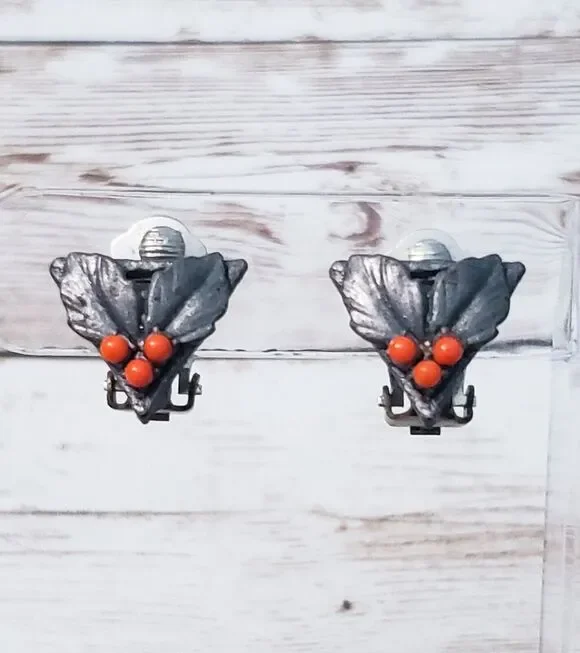 Vintage Clip On Earrings - Gray Holly Leaves with Red Berries