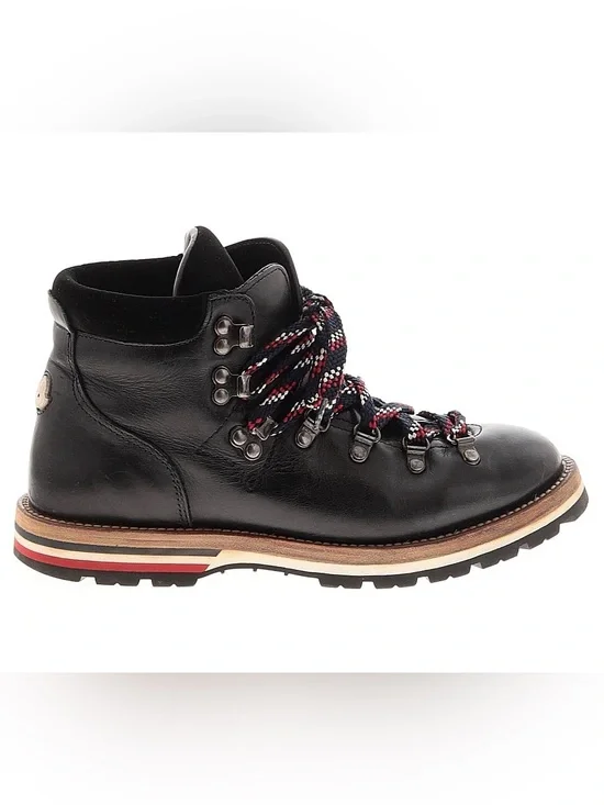Moncler Black Leather Hiking Boot with Red White Blue Accent Laces