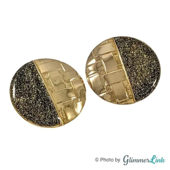 Vintage 1980s Large Circle Weave Glitter Enamel Gold Tone Pierced Earrings
