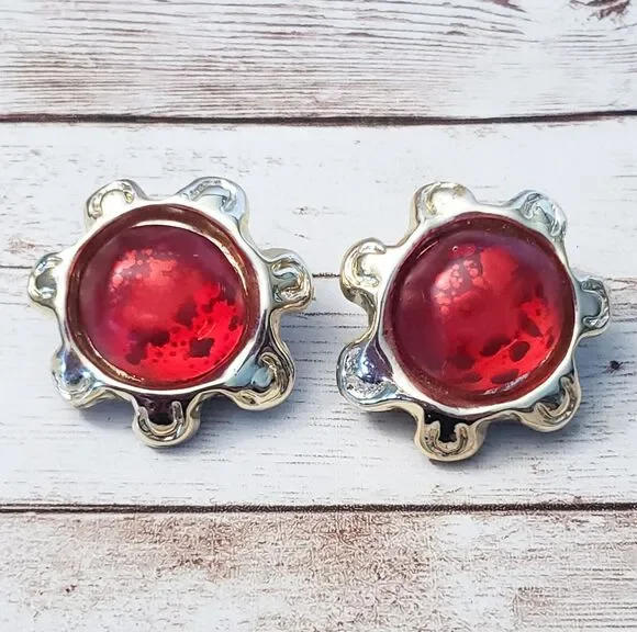 Vintage Clip On Earrings Large Statement Earrings Red with Flower Like Halo