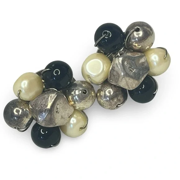 Vintage Abra Black Silver Pearl Clip On Earrings