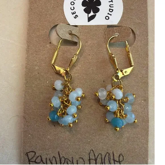 Rainbow Agate Cascade Earrings, Ombre Blue, 18K Gold Plated, Artisan