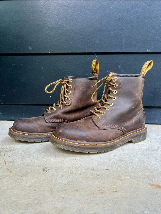 Dr. Martens Brown Leather 8-Eye Lace-Up Boots with Yellow Stitching