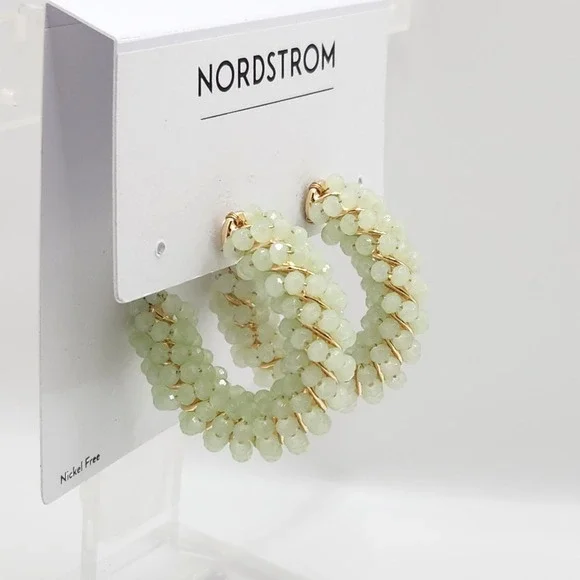 Nordstrom Mint Green Beaded Hoop Earrings Gold Tone Boho Spring Summer