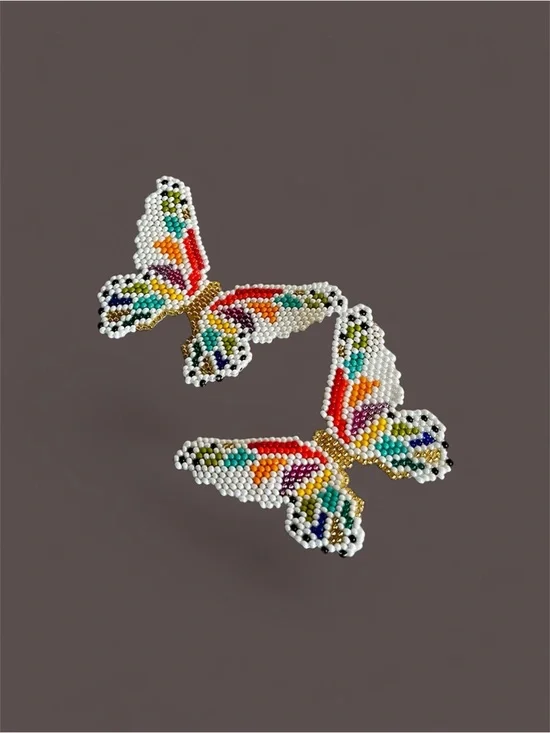 White Multicolor Beaded Butterfly Earrings