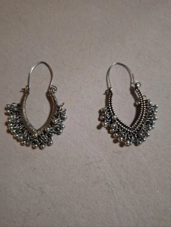 Silver Dangle Hoop Earrings with Beaded Fringe