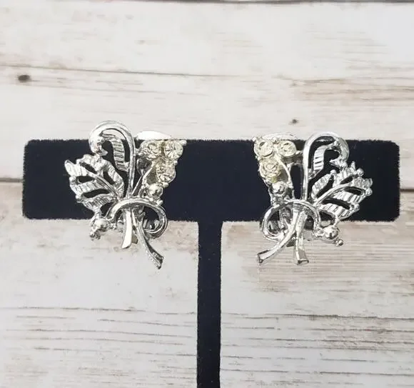 Vintage Clip On Earrings Bouquet Style Silver Tone & Clear Gems