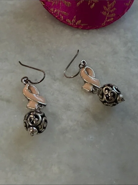 Brighton Pink Ribbon Dangle Earrings with Filigree Silver Beads
