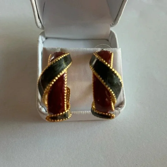 3/$20 Dark Red and Green Large Twisted Gold Plated Hoop Earrings