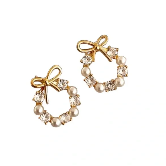 Gold Wreath With Bow Design Stud Earrings
