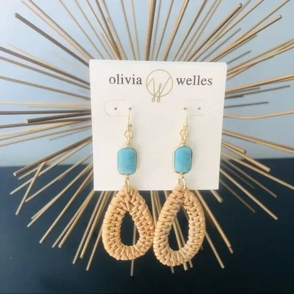 Olivia Welles Sandra Straw‎ Drop Earrings, Tan/Turquoise, NWT