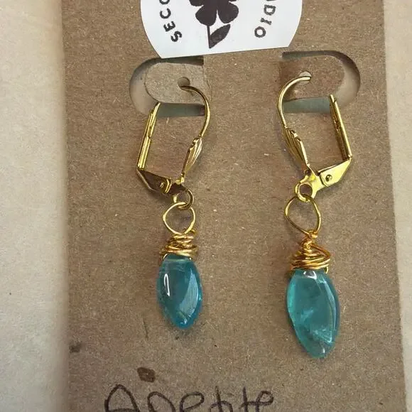 Neon Blue Apetite Drop Earrings, Wire Wrapped, Artisan, 18K Gold Plated