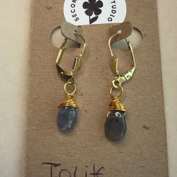 Blue Iolite Drop Earrings, Wire Wrapped, Artisan, 18K Gold Plated Leverbacks