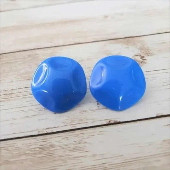 Vintage Clip On Earrings - Blue Domed Circle with Pushed In Sides