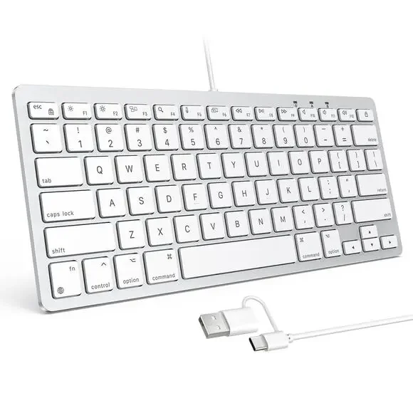 OMOTON Wired Keyboard KB004-A USB C A Compact Slim Layout White Silver