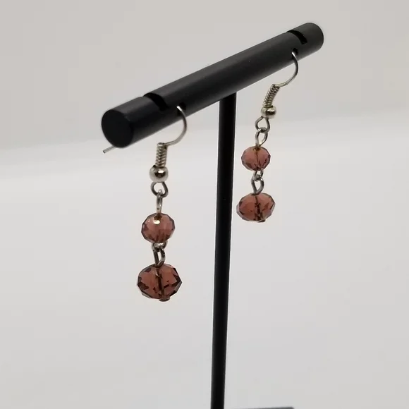 faceted glass bead dangle earrings purple brown