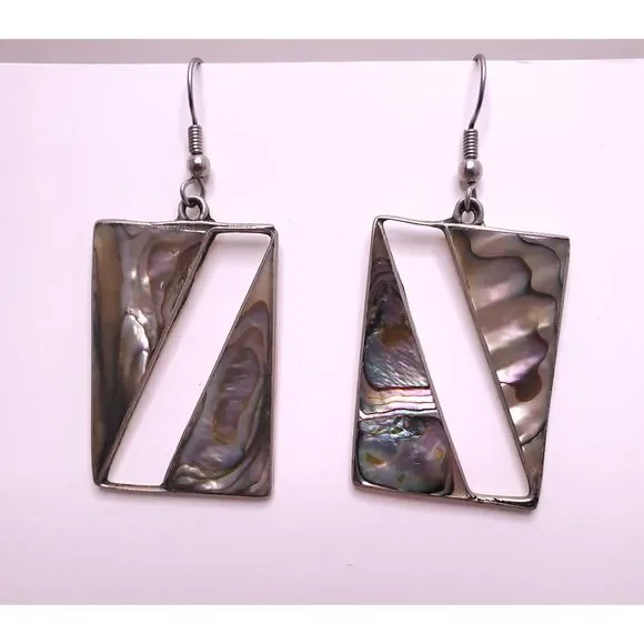 Silver Artisan Modern Square Statement Mother of‎ Pearl Stamped Pierced Earring