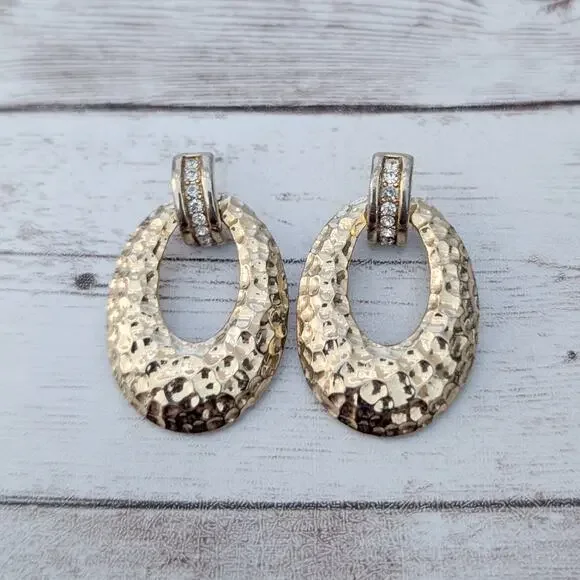 Vintage Stud Earrings Statement Gold Tone Hammered Design with Clear Gems