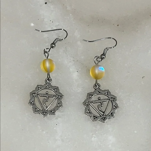 Chakra Silver Charm and Yellow Earrings Meditation Yoga Jewelry