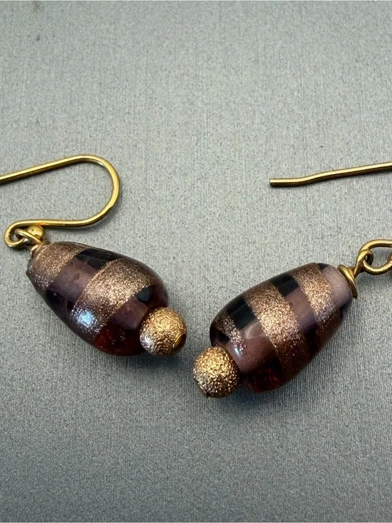 Venetian Gold and Amethyst Swirl Teardrop Glass Earrings Vintage