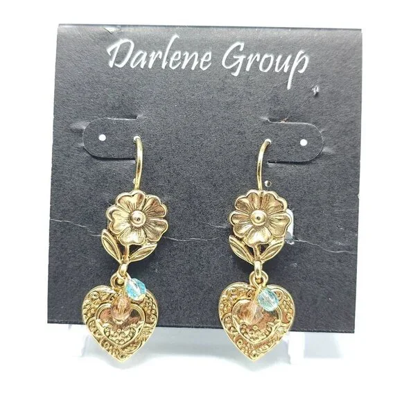 Gold Tone Heart Flower Blue Crystal Dangle Earrings By Darlene Group