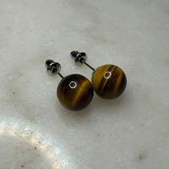 Round Brown-Black Tiger Stone Stud Earrings