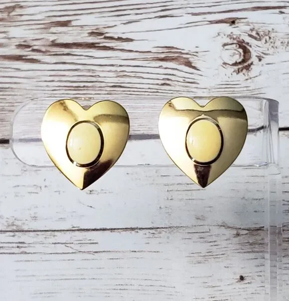 Vintage Clip On Earrings - Gold Tone Heart with Cream Center 7/8