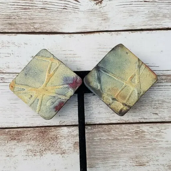 Vintage Clip On Earrings Artistic Diamond Shape Large Statement