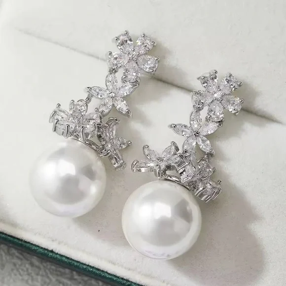 White Pearl Floral Silver Earrings