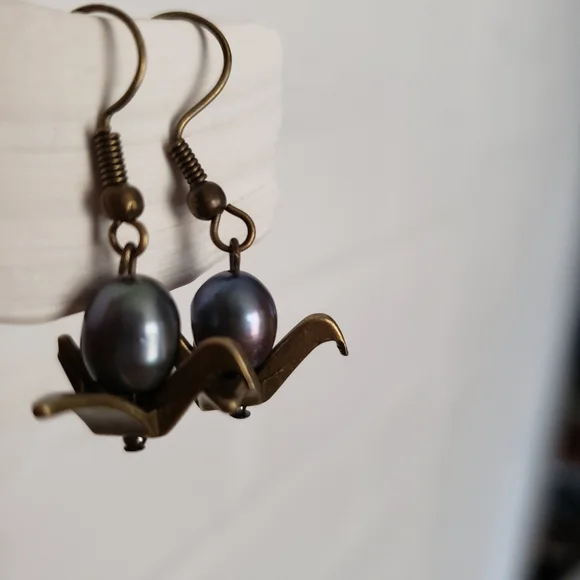 Handmade Bronze Japanese Crane & Antique Purple Fresh Water Pearl Earrings