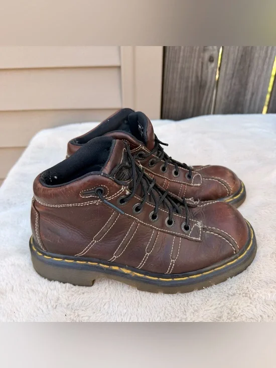Dr. Martens Brown Leather Lace-Up Work Boots with Yellow Stitching