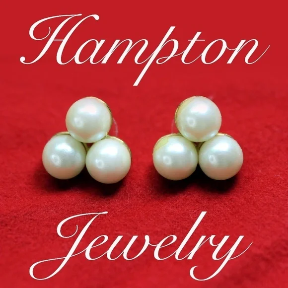 Pearl Earrings ~ Elegant Pierced Vintage Triple 8mm Cream Pearls in Gold Setting