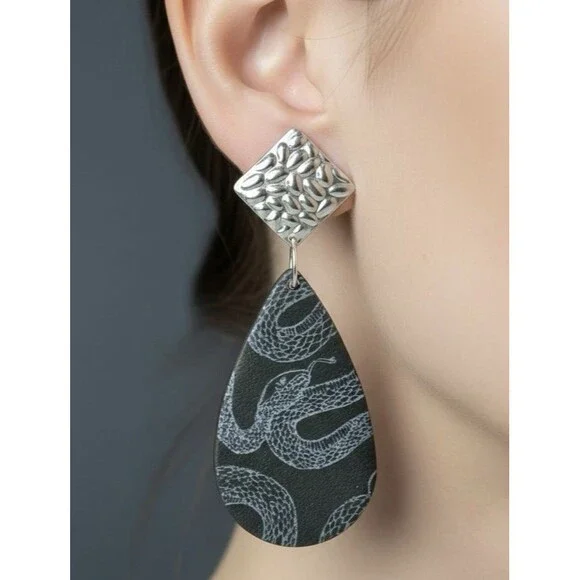 Polymer Clay Lg Dangle Earrings Black Silver Snake Animal Print Handmade SS Post