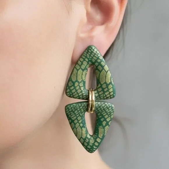 Polymer Clay Lg Dangle Earrings Green Gold Snake Animal Print Handmade SS Posts