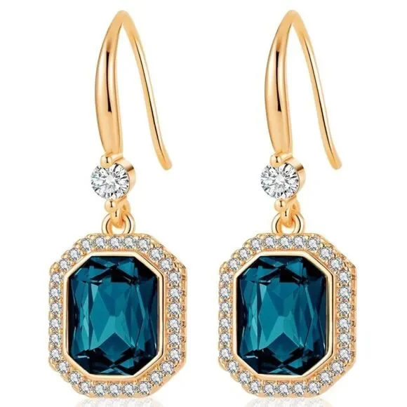 14K Yellow Gold with London Blue Topaz Austrian Crystal Octagon Halo Earrings