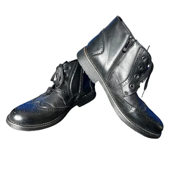 Shenbo Mens Black Leather Wingtip Brogue Ankle Boots Sz 11.5 Oxford Classic