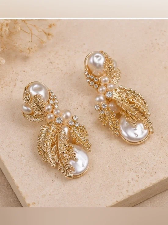 Gold Pearl Leaf Statement Earrings | Vintage Botanical Crystal Drop Earrings