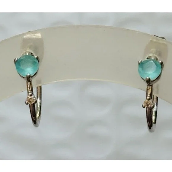 Bomb Party Aqua Blue Faceted Stone Open Hoop Stud Earrings Rhodium Plated