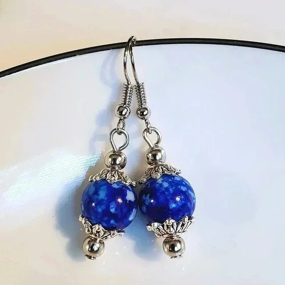 Art Nouveau Mottled Cobalt Blue White Glass Beads Antiqued Silver Earrings