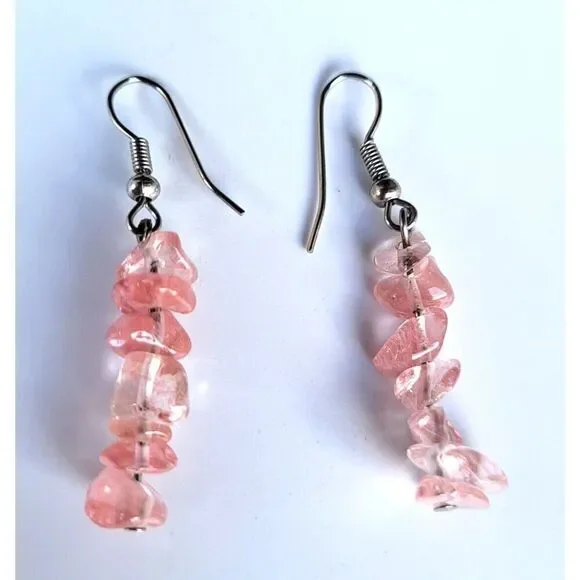 Rose Quartz Dainty Drop Earrings with Sterling Silver Hooks 1.5 in