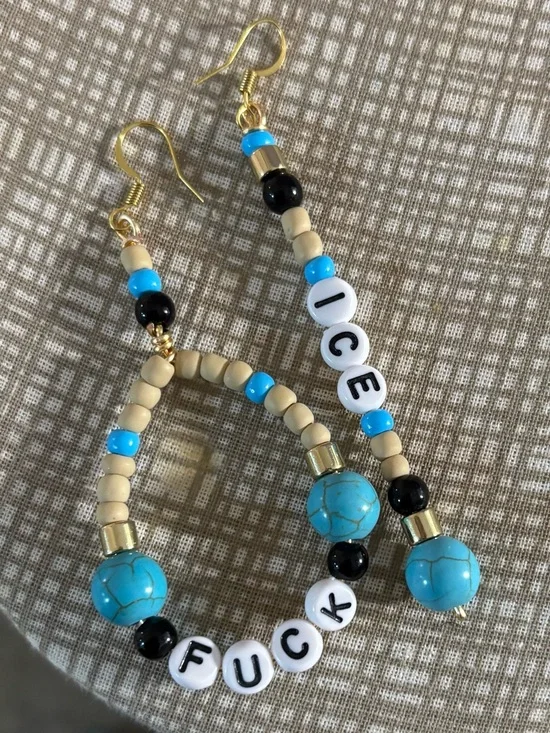 Handmade Turquoise Bead Letter Earrings with Beige, Black & Blue Accents