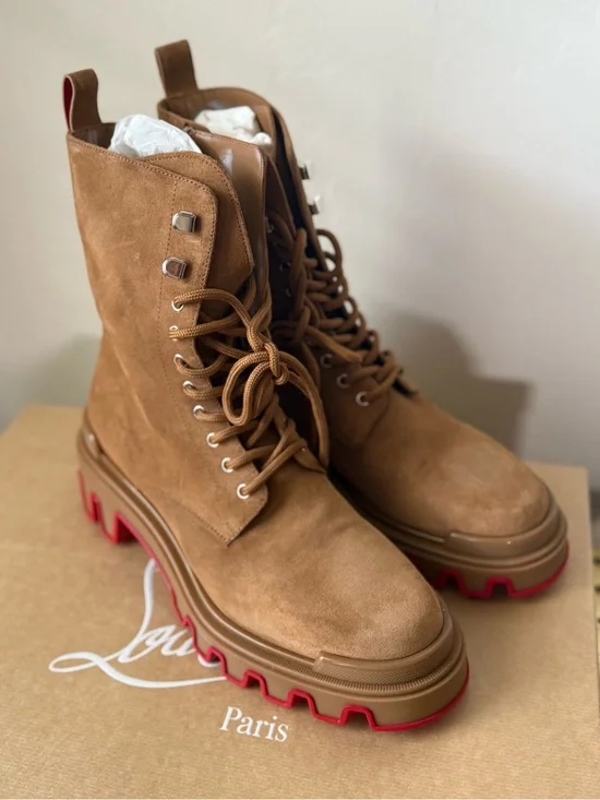 Christian Louboutin Tan Suede Combat Boots with Red Outsole