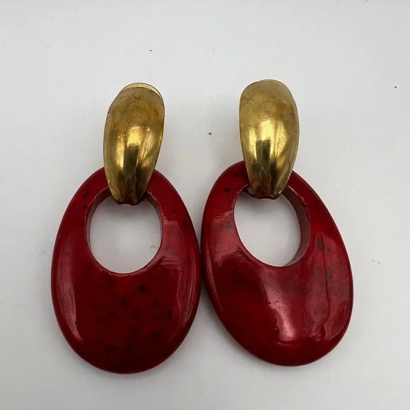 Vintage Red Howlite interchangeable oval stone gold tone pierced earrings